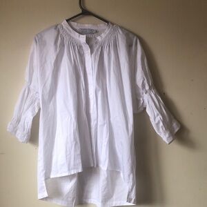 Anthropologie White Smocked-Neck Button Front Blouse